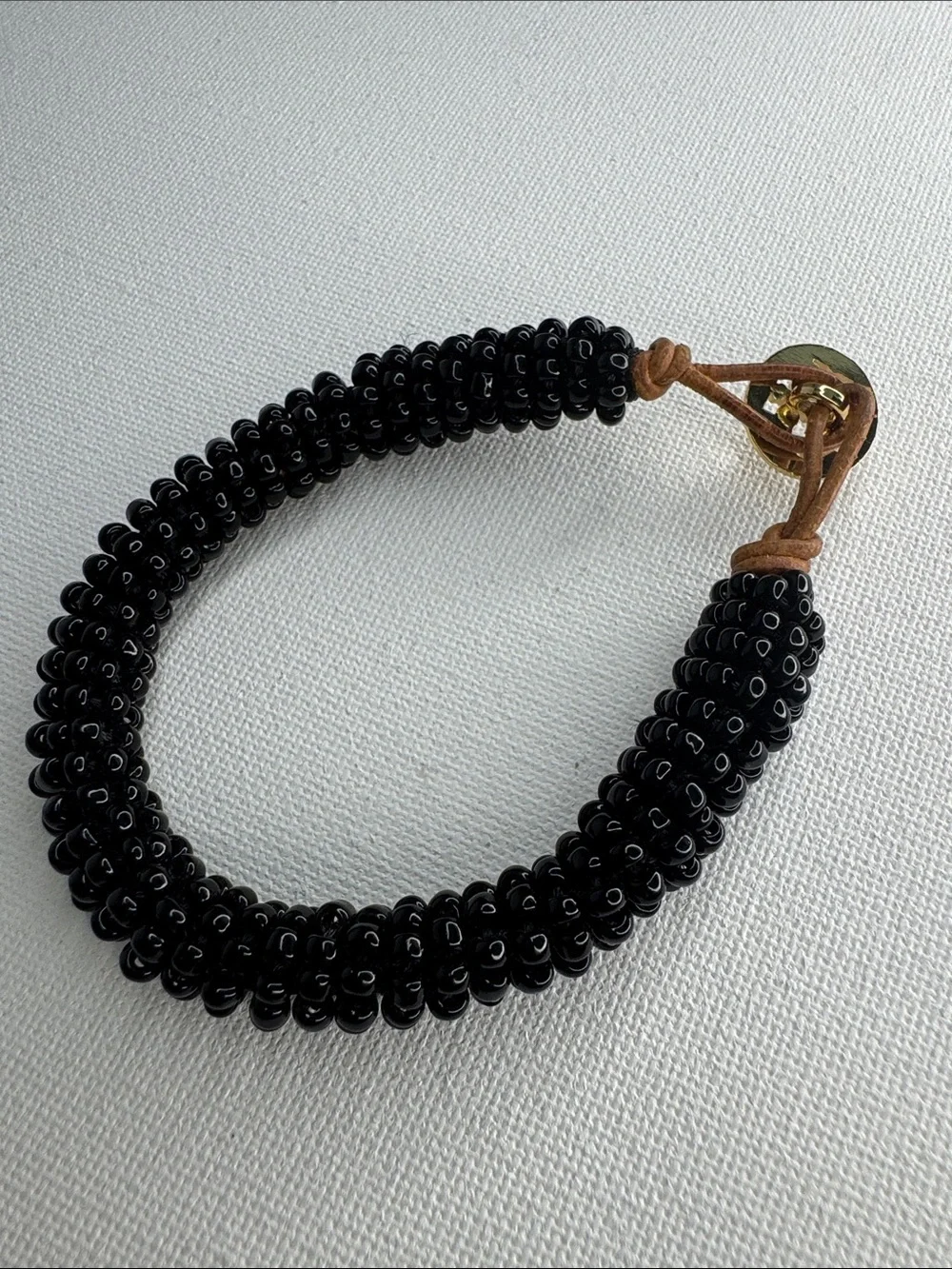 Tory Burch Black Seed Bead & Leather Logo Button Wrap Bracelet